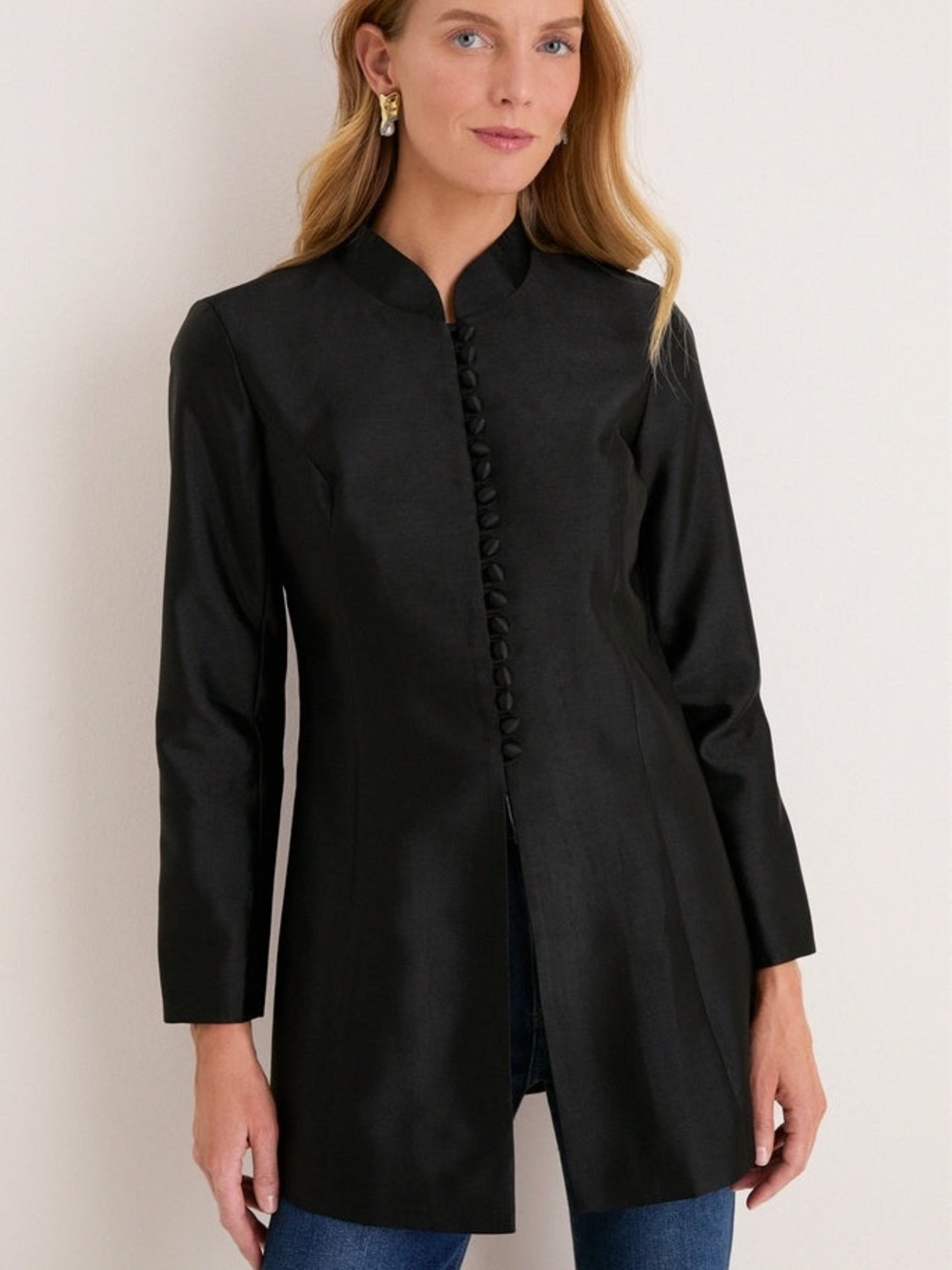 Tuckernuck Black Mandarin-Collar Longline Jacket